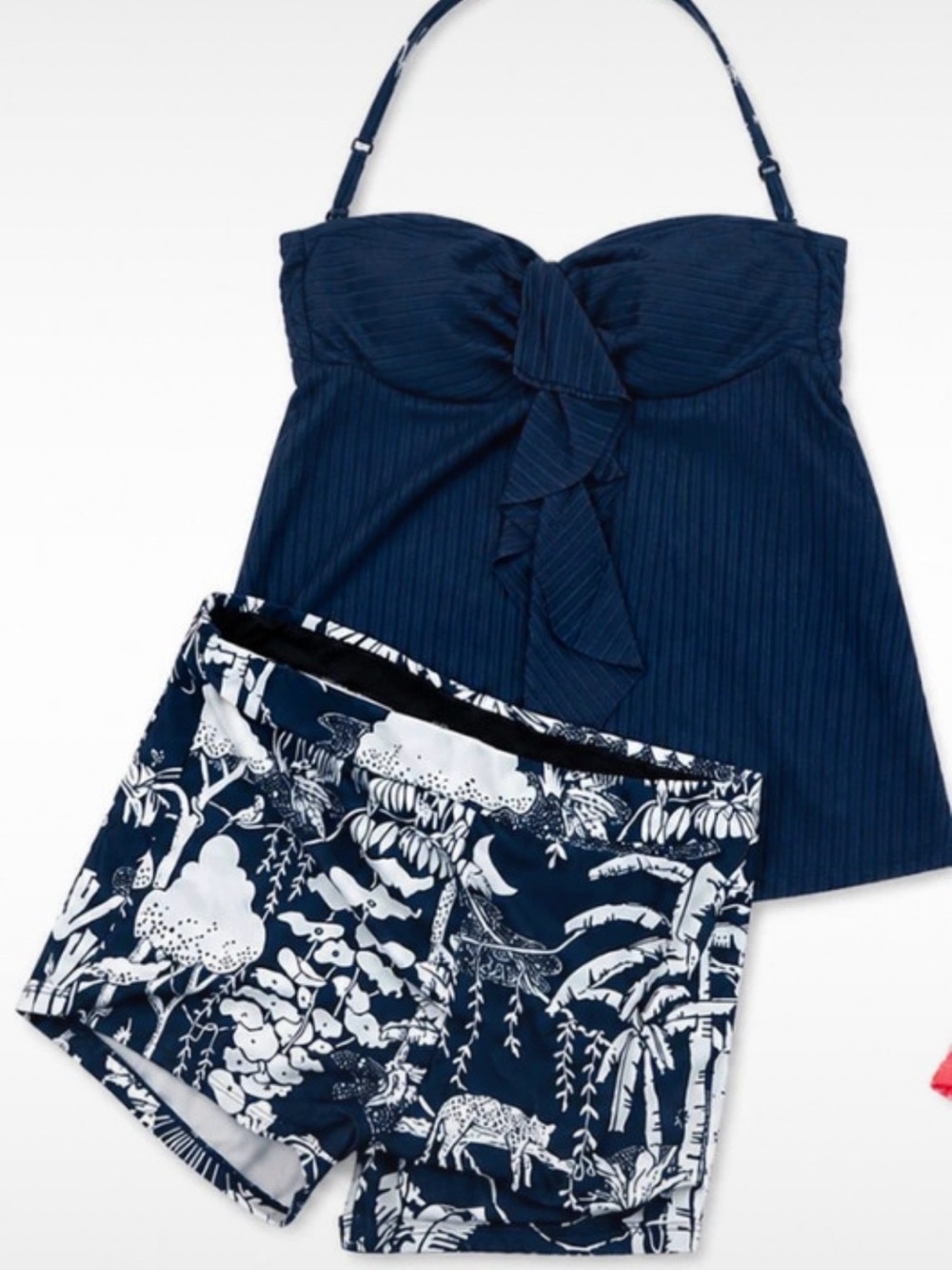 Women’s Navy Blue Tankini Set with Printed Swim Shorts